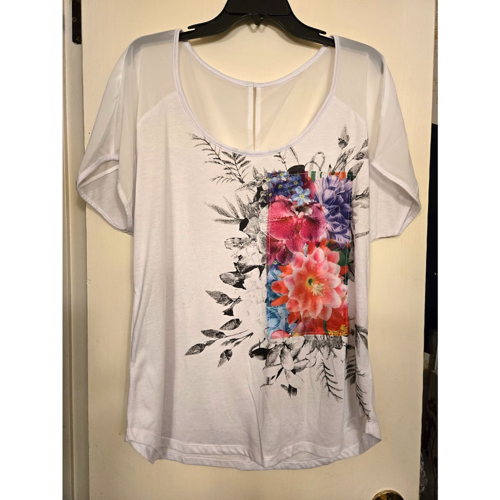MIA MODA White Long A-line Floral Pattern T-Shirt Tee w/ Sheer Sleeves - Size XL